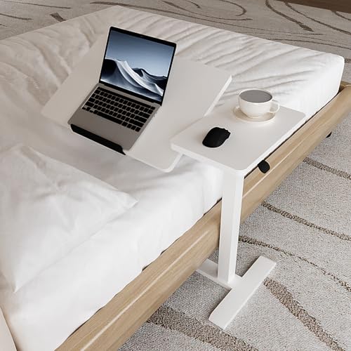 Adjustable Overbed Bedside Table with Wheels Pneumatic Mobile Standing Laptop Desk Rolling Computer Cart Movable Couch Desk Hospital Home Use, White - color: White