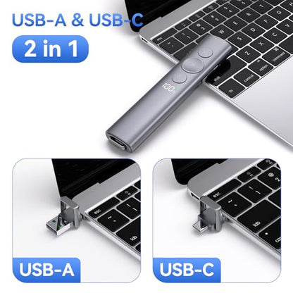 Rechargeable Presentation Clicker with Green Laser Pointer for PowerPoint, Power Display Wireless Presenter Remote with USB-A & USB-C Dongle, Slide Advancer for Mac, Windows, Laptop, Classroom, Office - style: Green Laser & Power Display