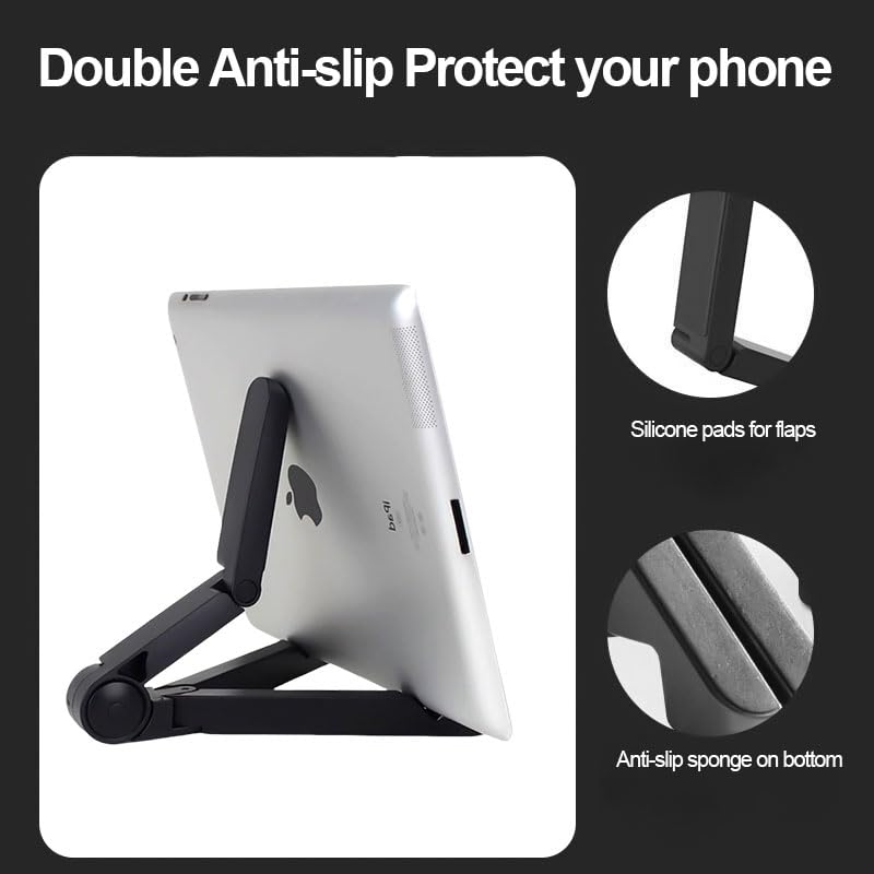 Tablet Stand Holder, Foldable Triangular Stand Holder with Dual Axis 180° Adjustable and Non-Slip Mats, Compact Desktop Holders for Universal Phone Laptop Monitors, up to 10" Devices, Black