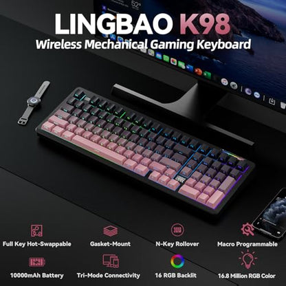 LINGBAO K98 Wireless Mechanical Gaming Keyboard, Tri-Mode Gasket Hot Swap | Linear Switches Creamy Keyboard with Number Pad,96% Layout RGB Backlit Mechanical Keyboard for PC Laptop, Custom Software - color: K98 | 10000mAh | Gradient Black Pink