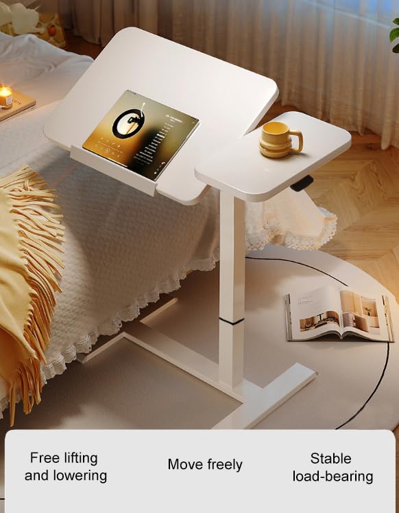Foldable Bedside Table, Height Adjustable Overbed Bedside Desk Mobile Rolling Laptop Stand Tilting Sofa Side Table with Wheels, Folding Tray Tables for Laptop Bed Couch, Gift for Family, White-1 - color: White-1