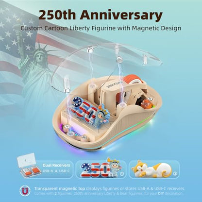 FMOUSE Transparent Wireless Mouse, 2 Cute 2026 Figurines, Tri-Mode, Cream | Rechargeable | USB-A & USB-C Receivers for Mac, iPad, Laptop | 2.4G & Dual Bluetooth | Silent Clicks | RGB | Portable - color: Cream