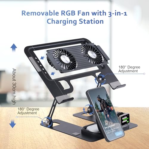 Laptop Stand with 3 in 1 Wireless Charging Station,Laptop Phone Stand with 2 Removable Silent Fans,Adjustable Height and Angle,Sturdy and Portable,Laptop Cooling Pad for 10-15.6 Inch Laptop.