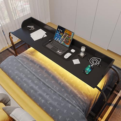HWB Over Bed Desk with LED Light, Wheels & Charging Station, Black | Auto-sensor 3 Color LED light, Adjustable height, Smooth rolling wheels - color: Black