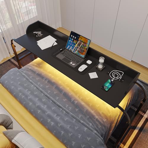 HWB Over Bed Desk with LED Light, Wheels & Charging Station, Black | Auto-sensor 3 Color LED light, Adjustable height, Smooth rolling wheels - color: Black