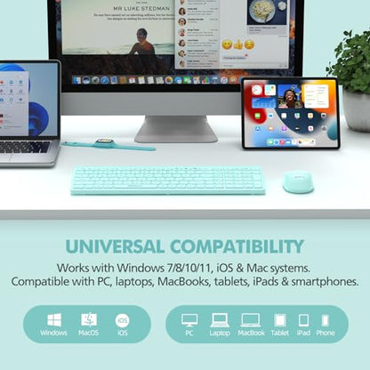 Teal Wireless Keyboard and Mouse Combo for Desktop Mac iPad Bluetooth 2.4 Ghz Rechargeable Slim Silent Click with Number Pad Compatible with Pc, Laptop, Tablet (Green) - color: Teal