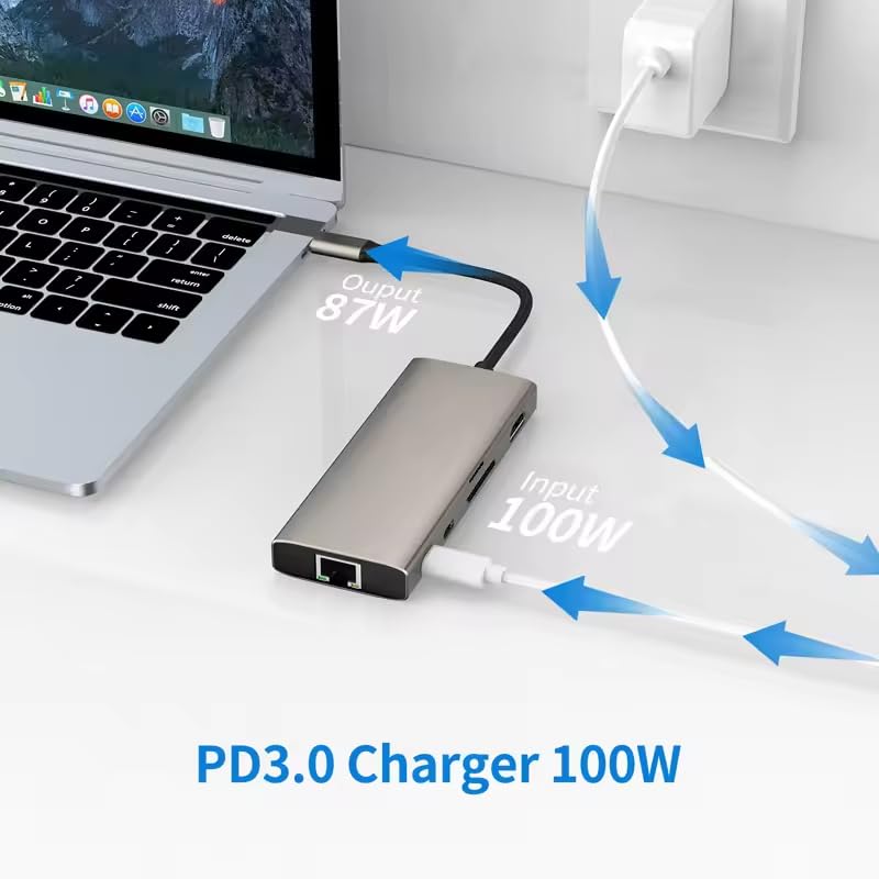 USB C HUB 10 in 1 Docking Station Compatible with MacBook Pro/Air | USB C Adapter with 4K HDMI, Type C PD, USB C Data, USB3.0, RJ45 Ethernet, SD/TF Card Reader, Compatible with Type C Devices - size: 10 in 1