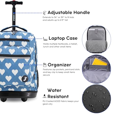 J World Sundance Laptop Rolling Backpack for Girls Boys. Roller Bookbag with Wheels, 20 Inch, Demim Heart - color: Denim Heart