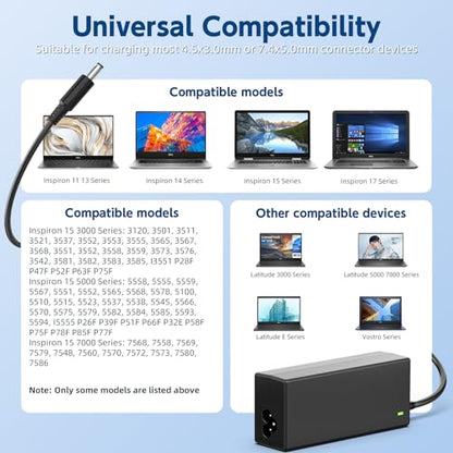 65W Charger Compatible with Dell Inspiron 15 3000 | 65W power, 4.5mm & 7.4mm tips, compatible with Dell Inspiron 15 3000