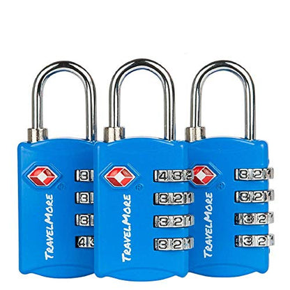 3 Pack TSA Luggage Locks with 4 Digit Combination – Heavy Duty Set Your Own Padlocks for Travel, Baggage, Suitcases & Backpacks - Blue - color: Blue, size: 3 Pack