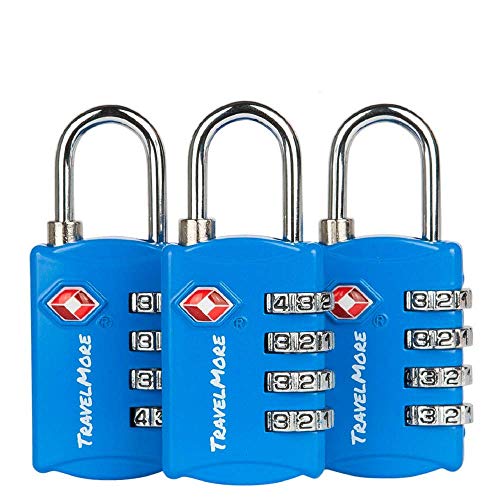 3 Pack TSA Luggage Locks with 4 Digit Combination – Heavy Duty Set Your Own Padlocks for Travel, Baggage, Suitcases & Backpacks - Blue - color: Blue, size: 3 Pack