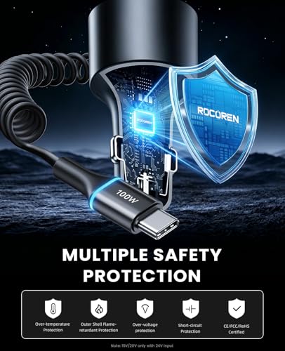 Rocoren 200W USB‑C Fast Car Charger, 5.2Ft Coiled Cable for Laptops & Phone | Super Fast Charging Travel Essentials for iPhone 17/16/15 Pro Max, MacBook Pro Air, Samsung S26/S25, iPad Pro