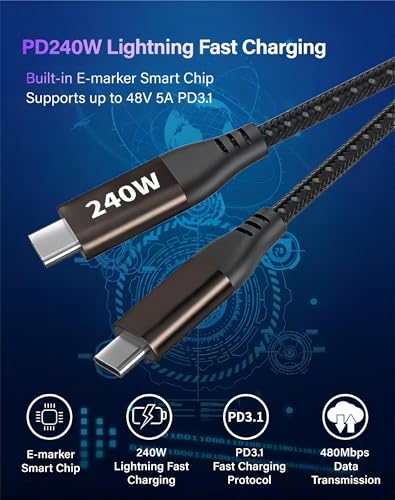 240W 6.6ft Dual USB-C PD3.1 Fast Charging Cable,E-Marker Smart Chip, Compatible with Laptops/Phones/Tablets/Switch