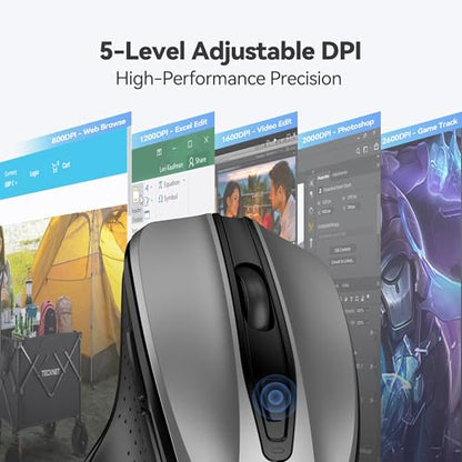 TECKNET Wireless Mouse, 2.4G Ergonomic Computer Mouse, 2600 DPI, Silver | Ergonomic Design with Side Grips, Adjustable DPI, 2-Year Battery, Compact Size, USB-A Plug & Play, Wide OS Compatibility - color: Silver