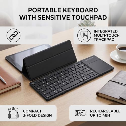 Bewinner 3 Fold Foldable Bluetooth Keyboard, Rechargeable Wireless Keyboard with Touchpad and Number Pad for Travel Work Tablet Laptop Users (Black) - color: Black