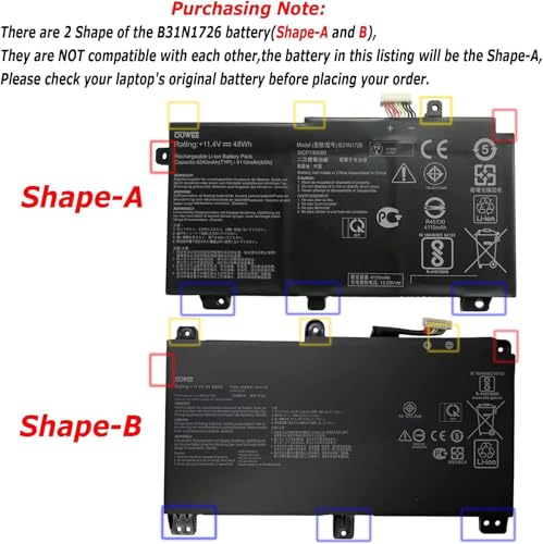 B31N1726 Battery for Asus FX80 FX86 TUF FX504 FX504G FX504GD FX504GE FX504GM FX505 FX505DT FX505DV FX505DU A15 FA506IU A17 FA706II Serie 11.4V 48Wh(Shape-A) - size: 7.27*4.77*0.42 inch B31N1726