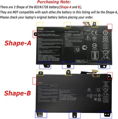 B31N1726 Battery for Asus FX80 FX86 TUF FX504 FX504G FX504GD FX504GE FX504GM FX505 FX505DT FX505DV FX505DU A15 FA506IU A17 FA706II Serie 11.4V 48Wh(Shape-A) - size: 7.27*4.77*0.42 inch B31N1726
