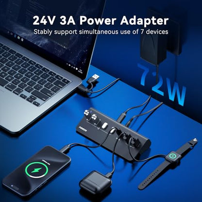 FIDECO 7-Port 72W Powered USB Hub, USB C Hub with 1 PD 45W, 2 QC 3.0 Charging Ports, and 4 USB 3.2 Ports (2 USB-A + 2 USB-C), Aluminum 10Gbps USB Hub for Laptop, PC, MacBook, iPhone 17/16/15, Black