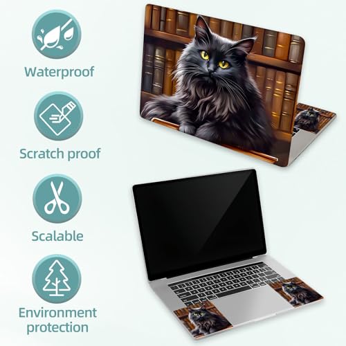 Universal Laptop Skin Decal, 3-Piece Vinyl Protector for 12 13 14 15.6" Notebook, Waterproof Anti-Scratch, Easy Trim & Bubble-Free Finish, Black Cat Sitting Book - color: Black Cat Sitting Book