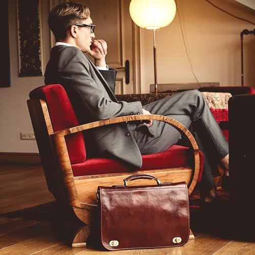Time Resistance Leather Briefcase for Men - Italian Full Grain Leather Laptop Bag - Messenger Bag - Gift Box Included - color: Dark Brown