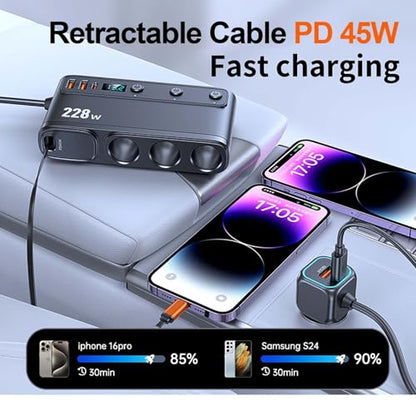 Cigarette Lighter Adapter with 45W Retractable Car Charger Fast Charging | 45W USB C Car Accessories 3 Socket Heavy Duty Truck Car Plug Outlet Splitter Fast Charging 12V/24V Multi Port for Car Devices