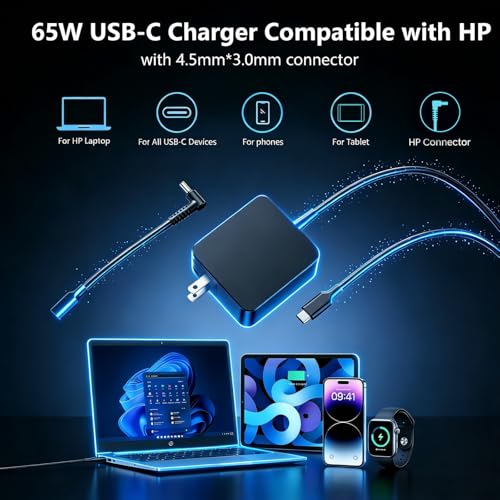 65W Laptop Charger Replacement for HP, USB-C & 4.5mm Blue Tip | Fast Charging for EliteBook, ProBook, OmniBook, Stream, Spectre, Pavilion, Envy, Chromebook Power Supply with 6FT Cord