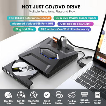 ROOFULL External CD DVD Drive with USB 3.0 Type-C Hub & SD Card Reader | 7 in 1 Portable CD/DVD ROM +/-RW Drive Burner Player Writer for Laptop Desktop PC Mac Windows 11/10/7 Linux - style: 7 In 1 Drive