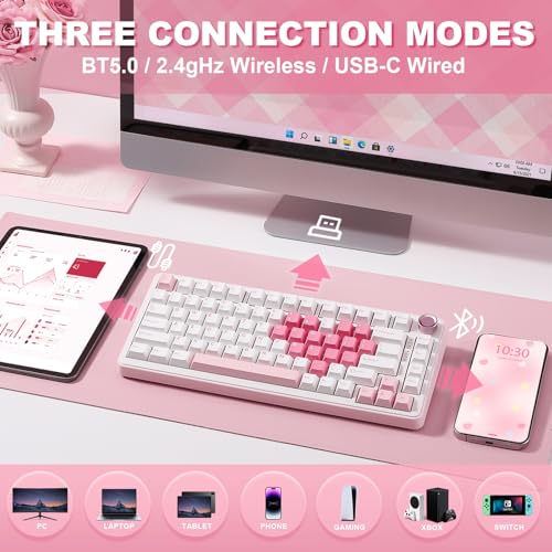 YUNZII B75 PRO Wireless Mechanical Gaming Keyboard | Custom 75% Layout with Knob,Gasket Mount,Hot Swap,Creamy Pre-lubed Switch,BT/USB-C/2.4G (White, Cocoa Cream V2 Switch) - color: White, size: Cocoa Cream V2 Switch