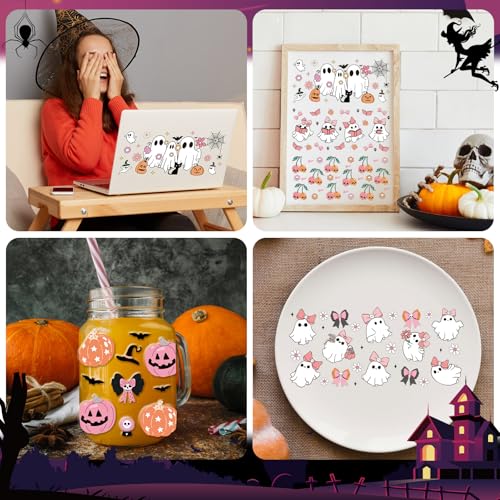 Rngmsi UV DTF Cup Wraps - 12 Sheets Halloween UV DTF Cup Wraps for 16 oz Glass, Cute Ghost Pumpkin Skull Bat Cobweb Cat Rub on Transfer Stickers, Uvdtf Decals for Mug Water Bottles, DIY Crafts - style: Halloween Ghost
