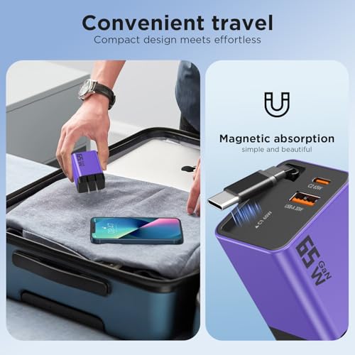 65W GaN USB C Charger with Retractable Charging Cable | travel charger for MacBook, iPhone 17 16 15, Samsung Galaxy S24, iPad, 3 in 1 wall charging block,Purple - color: Purple