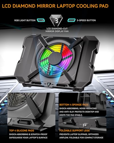 Laptop Cooling Pad, Gaming Laptop Cooler with 7.1 Inch Powerful Fan, RGB Lights & 3-Speed Fan Control & LCD Diamond Design, Height Adjustable Quiet Laptop Cooling Stand for 12"-21" Laptops etc
