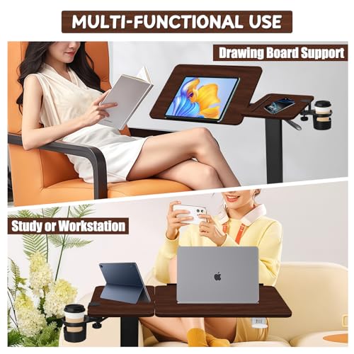 Adjustable Overbed Bedside Table with Wheels, Rotatable Desktop Height-Adjustable Bed Table with Wheels, Rolling Tray Desk for Couch Laptop & Hospital Use, Adjustable Tray Table (Rotatable-Wood Color)