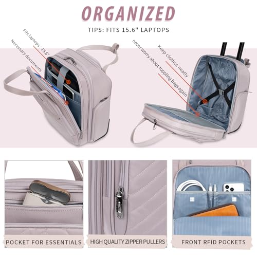 VANKEAN Carry On Underseat 16-inch Multi-functional Underseater Lightweight Overnight Suitcase with Wheels, Roller Case for Women Travel Business, Light Dusty Pink - color: Light Dusty Pink