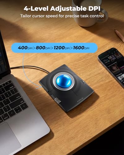 Wired Trackball Mouse, Ergonomic Finger Control Trackball with 55mm Large Ball, 4-Level Adjustable DPI, Ambidextrous Design, Wrist Rest Included, Compatible for PC, Laptop, Mac, Windows-Blue