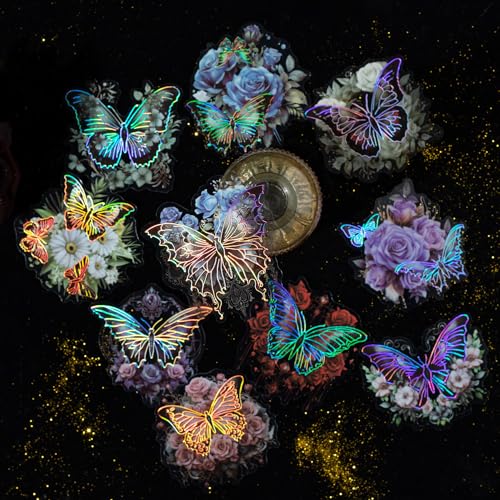 Yoksas 60Pcs Vintage Gothic Holographic Shiny Butterfly Flower Stickers - Clear Waterproof Dark Spooky Butterfly Stickers for Scrapbooking,Junk Journals,Witchcraft Supplies - color: Dark Butterfly