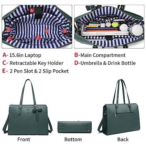 Keyli 4pc Sets Laptop Bag for Women Large Leather Laptop Briefcase with USB Charging Port Computer Shoulder tote Bags Purse - color: Green
