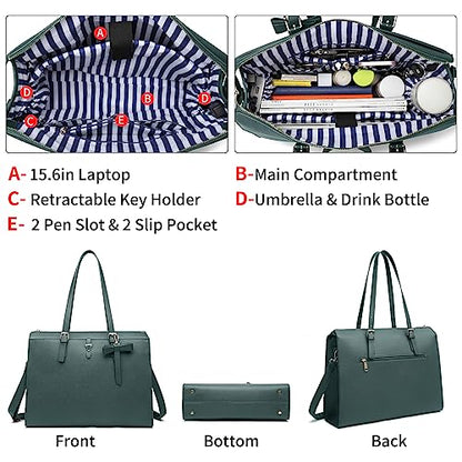 Keyli 4pc Sets Laptop Bag for Women Large Leather Laptop Briefcase with USB Charging Port Computer Shoulder tote Bags Purse - color: Green