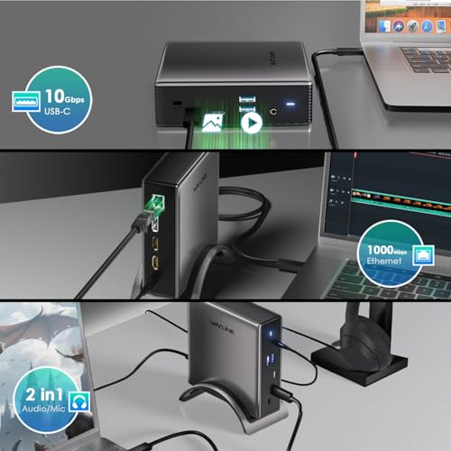WAVLINK Laptop Docking Station, PD 3.1 Dock Triple Monitor, Dual DP,HDMI | Single 4K@144Hz, 140W PD 3.1 Charger, USB-C 10Gb, 2×USB-A 5Gb, Gigabit Ethernet and Mic/Audio, Compatible with Windows Only