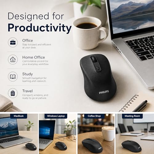 PHILIPS Wireless Mouse for Laptop, Bluetooth and 2.4GHz, Silent Click | Bluetooth and 2.4GHz dual mode with USB nano receiver; silent click; 3 DPI levels; compact ambidextrous design; AA included
