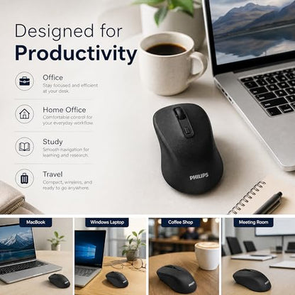 PHILIPS Wireless Mouse for Laptop, Bluetooth and 2.4GHz, Silent Click | Bluetooth and 2.4GHz dual mode with USB nano receiver; silent click; 3 DPI levels; compact ambidextrous design; AA included