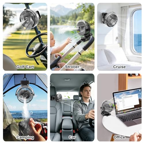 ELZO 12000mAh Clip on Fan, USB Desk Fan Rechargeable with Spray function | Hanging Hook & Magnetic & LED Light, Clip Fan Quiet 360° Rotation Portable for Desktop Stroller Office Tent Car RV