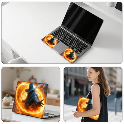 Aesthetic Laptop Skin Sticker, Blue Hat Mage with Swirling Fire Magic Waterproof Vinyl Laptop Decal, Removable Bubble Free, Reusable Protective Cover for 13 14 15 15.6 Inch - color: Blue Hat Mage with Swirling Fire Magic