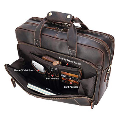 Men's Solid Thick Full Grain Leather 17.3" Laptop Briefcase Classic Messenger Bag Fit Business Travel | Solid - color: Dark Brown