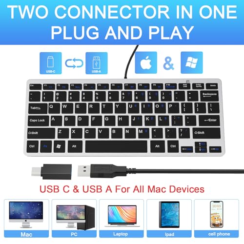 Ultra-Slim 78keys USB Mini Wired Keyboard with Media Hotkeys for Apple Mac Pro, MacBook 56Pro/ iMac, Air, Mac mini, Laptop Computers, Windows PC 11/10/8/7, with USB-A to C OTG Adapter, Silver Black - color: Silver Black, size: USB-A