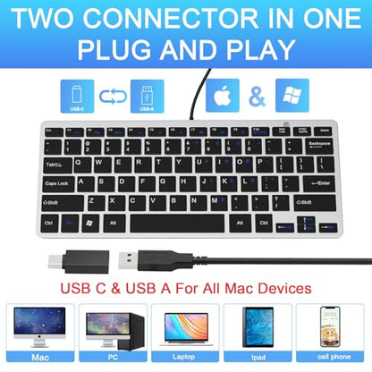 Ultra-Slim 78keys USB Mini Wired Keyboard with Media Hotkeys for Apple Mac Pro, MacBook 56Pro/ iMac, Air, Mac mini, Laptop Computers, Windows PC 11/10/8/7, with USB-A to C OTG Adapter, Silver Black - color: Silver Black, size: USB-A