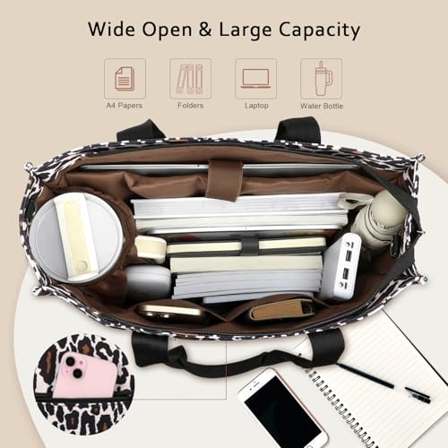 BTOOP Work Tote Bag for Women, Laptop Tote Bag With 15.6 Inch Padded Compartment, Teacher Nurse Bible Bags - color: Leopard-black
