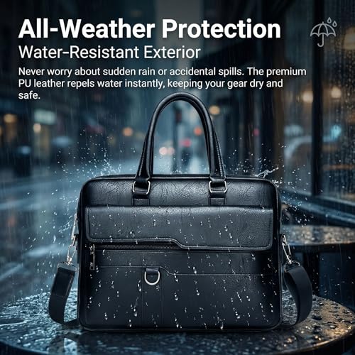 Men's Leather Laptop Bag 15 IN, Water-Resistant Briefcase Messenger Bag for Work, Business, Shoulder Crossbody Office Satchel - color: Deep Black