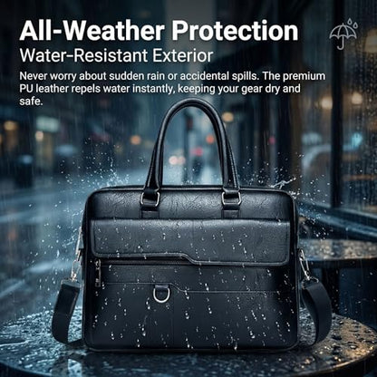 Men's Leather Laptop Bag 15 IN, Water-Resistant Briefcase Messenger Bag for Work, Business, Shoulder Crossbody Office Satchel - color: Deep Black