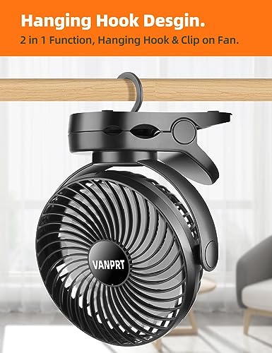 6'' Clip Fan, Portable Clamp Fans with Hanging Hook, 5000mAh Rechargeable Battery Fan, 3 Speeds, 720° Rotation, Quiet, Strong Grip Clamp, 7-30 Working Hours for Camp Stroller Bed - Black - style: 6'' Rechargeable Clip Fan with hanging hook