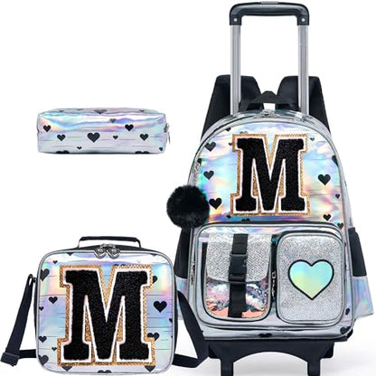 HTgroce Cute Rolling Backpack with Wheel,School Backpack for Kids Girl Roller Schoolbag Wheeled Backpacks Set Carry-on Luggage,Initial M - color: Silver, style: M